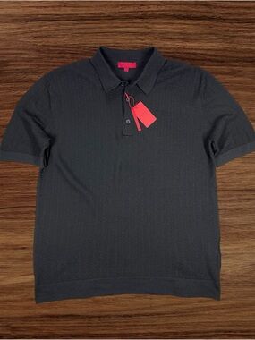 Zanetti Men’s Short Sleeve Black Wave Knit Polo Shirt. Active Stretch. Medium